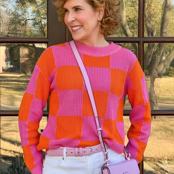AVARA Boutique NWOT Oversize Knit Sweater Bright Checked Pink Orange Size XL - Picture 1 of 8